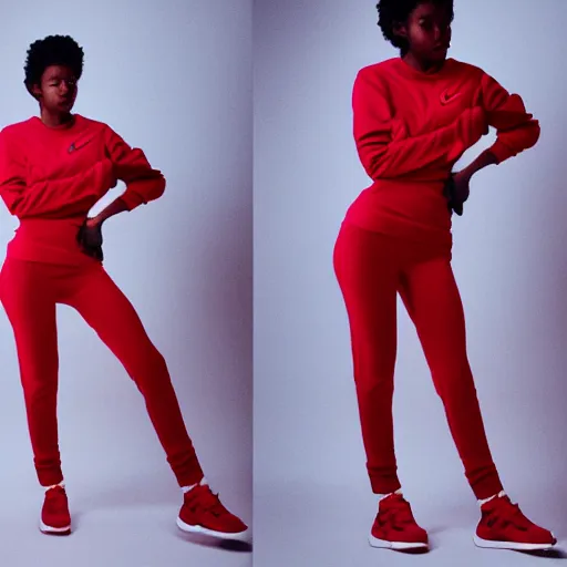 Image similar to realistic! photoshoot for a new nike lookbook, color film photography, portrait of a beautiful woman, red frontal light, in style of tyler mitchell, 35mm