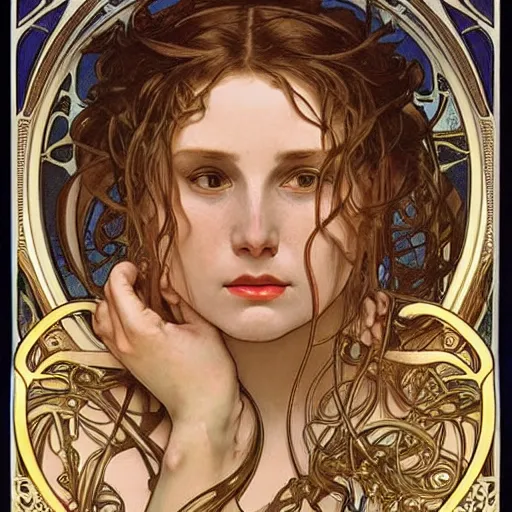 Prompt: realistic detailed face portrait of Medea by Alphonse Mucha, Greg Hildebrandt, and Mark Brooks, gilded details, spirals, Neo-Gothic, gothic, Art Nouveau, ornate medieval religious icon