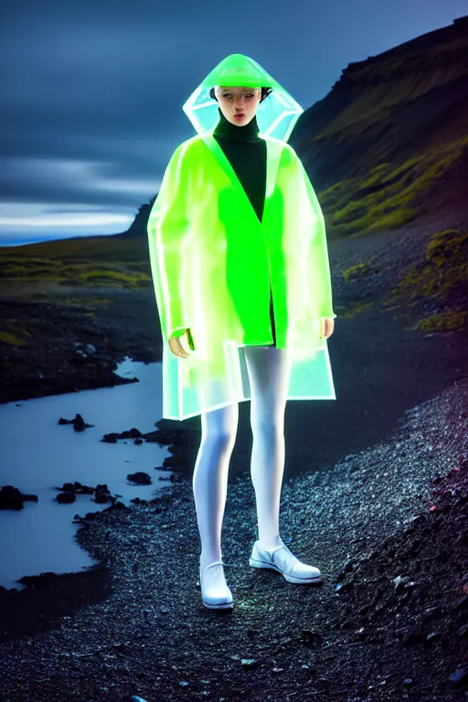 Image similar to an ultra high definition professional high fashion portrait studio full length photograph of a model wearing a transparent pearlescent raincoat and neon visor in an icelandic black rock environment at dawn. no artefacts. extremely detailed. stark. refraction. shallow depth of field. volumetric light and shadow. ray tracing. light rays.