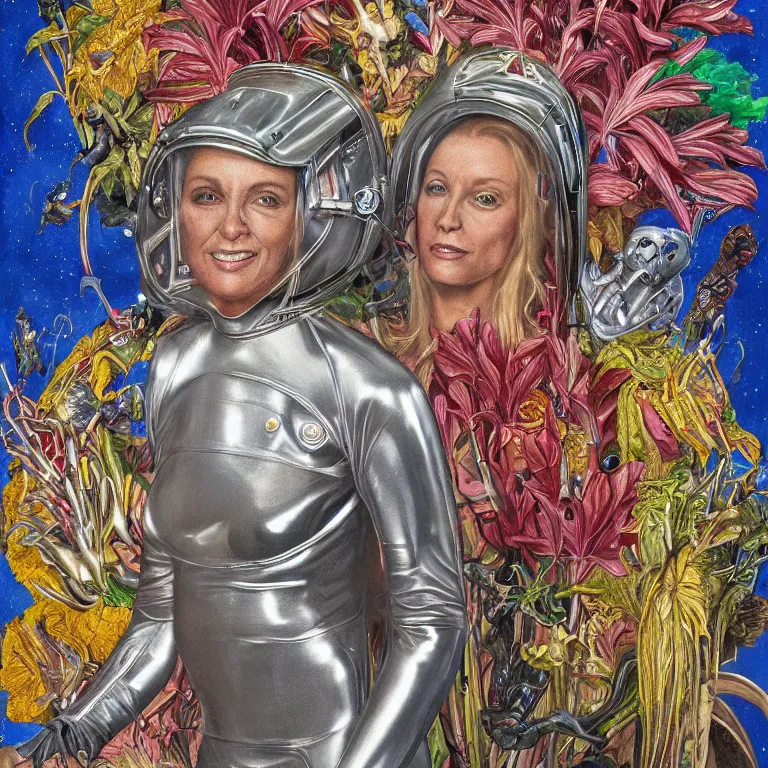 Image similar to portrait painting by wayne barlow and carlo crivelli and glenn fabry, a woman in a skintight silver shining spacesuit with colorful iridescent detailing, covered in bright colorful alien flora and fauna