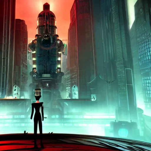 Prompt: beautiful scary futuristic city in the style of a bioshock infinite screenshot