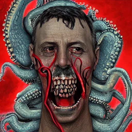 Prompt: igor ivanovich strelkov became an aggressive bloody lovecraftian degenerate worm calling for total mobilization, photo - realistic, color image, 2 k, highly detailed, bodyhorror, occult art