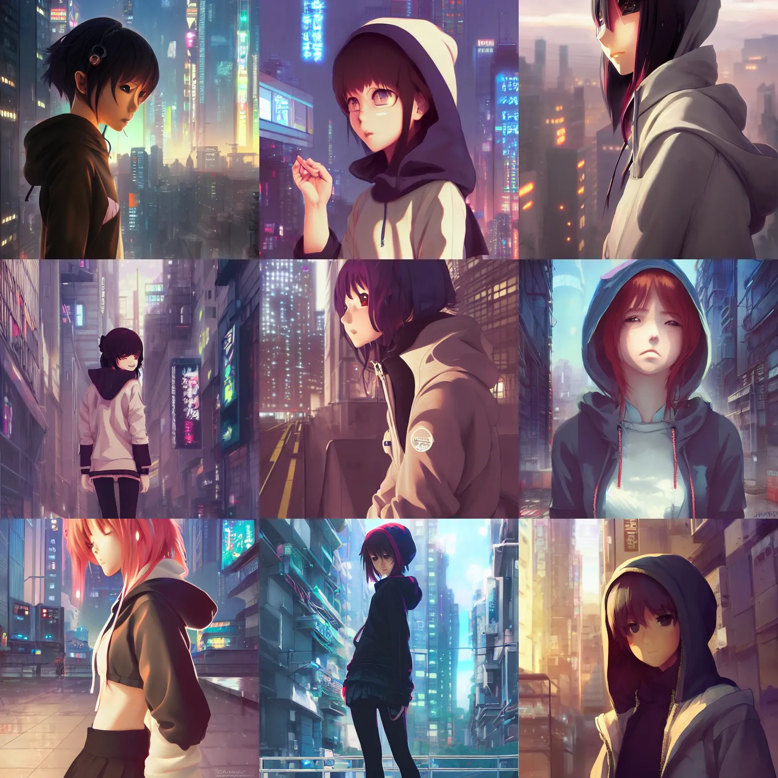 Prompt: profile of anime girl wearing hoodie in a cyberpunk city, digital anime art, wlop, ilya kuvshinov, artgerm, krenz cushart, greg rutkowski, studio ghibli