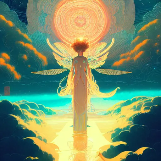 Prompt: an highly detailed illustration of an angel of the dawn light, in the heavens by victo ngai, peter mohrbacher digital art saturated colors