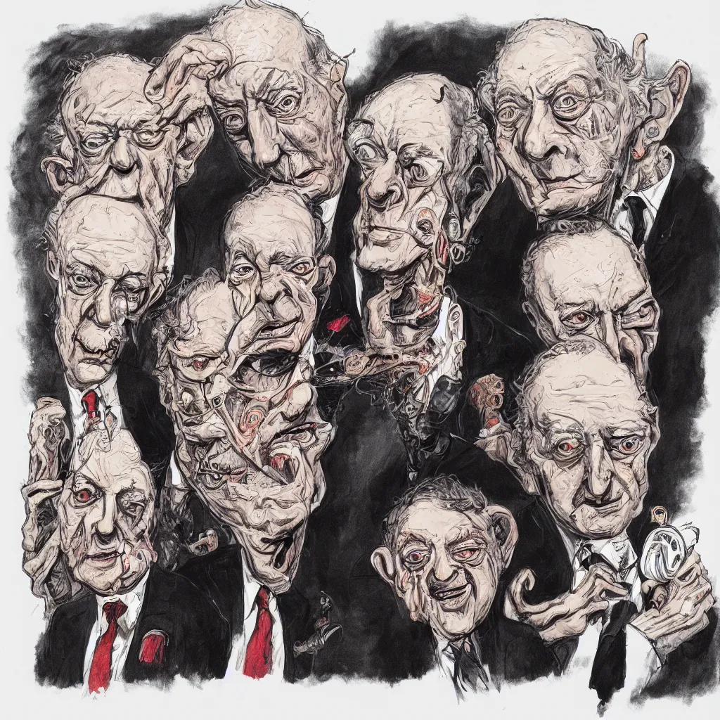 Image similar to Jacob Rothschild and george soros by Ralph Steadman, illustration, body horror, biopunk, 8k , trending on artstation