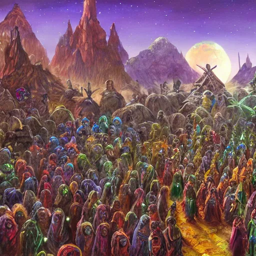Image similar to extraterrestrial religious procession in village on ancient post - apocalyptic planet, jim henson creature shop, vivid and colorful, cinematic, oil painting, highly detailed, illustration