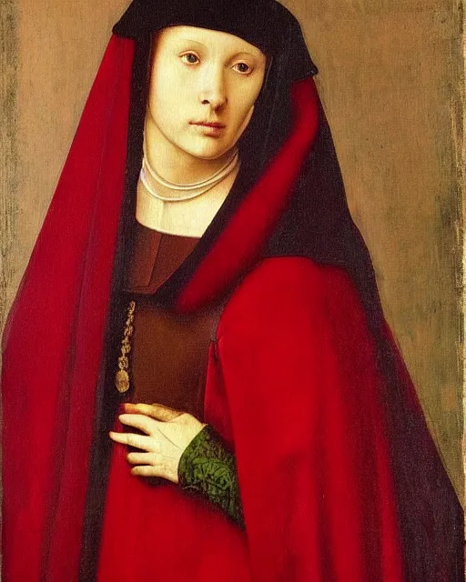 Image similar to a painting of a woman in a red cloak, a flemish baroque by antonello da messina, behance, pre - raphaelitism, da vinci, pre - raphaelite, dutch golden age