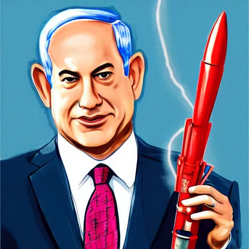 Prompt: a realistic portrait of benjamin Netanyahu holding a rocket missle, Vogue magazine, detailed face, highly detailed