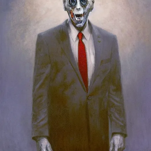 Image similar to presidential portrait of joe biden with smoking eyes and mouth as slenderman, by beksinski, jon mcnaughton, and stephen gammell