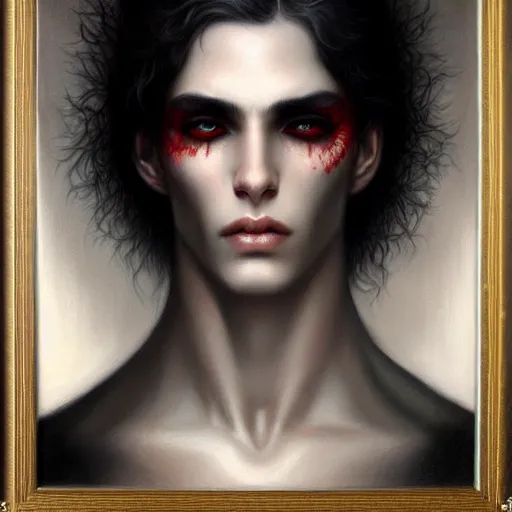 Prompt: attractive twenty first century male vampires beautiful eyes. highly detailed painting by tom bagshaw 8 k