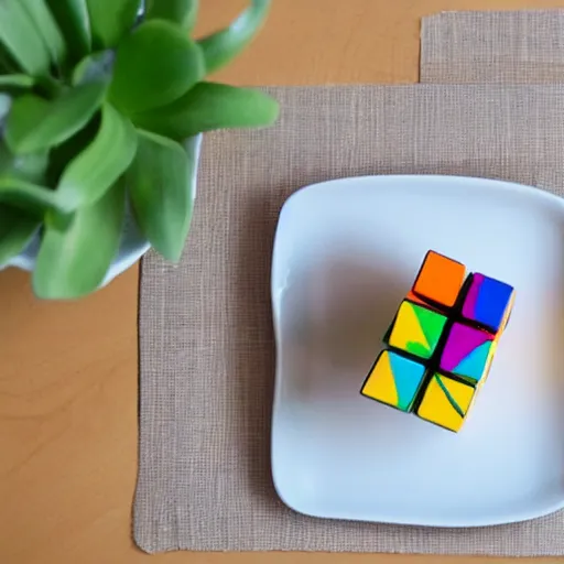 Image similar to a rubix cube on a plate on a table, drawn like a child