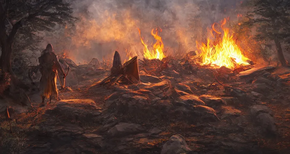 Image similar to an epic fantasy adventurer's tent left alone with a smoldering camp fire, 4 k, extremely detailed. award winning, trending on artstation, 8 k, ultra wide angle