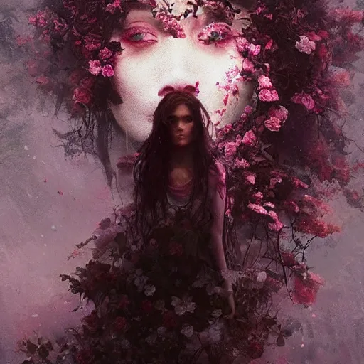 Image similar to a beautiful terrifying girl made of flowers. ethereal horror fantasy art by greg rutkowski and magali villanueve and monet, concept art, smooth, cinematic lighting, 8 k resolution