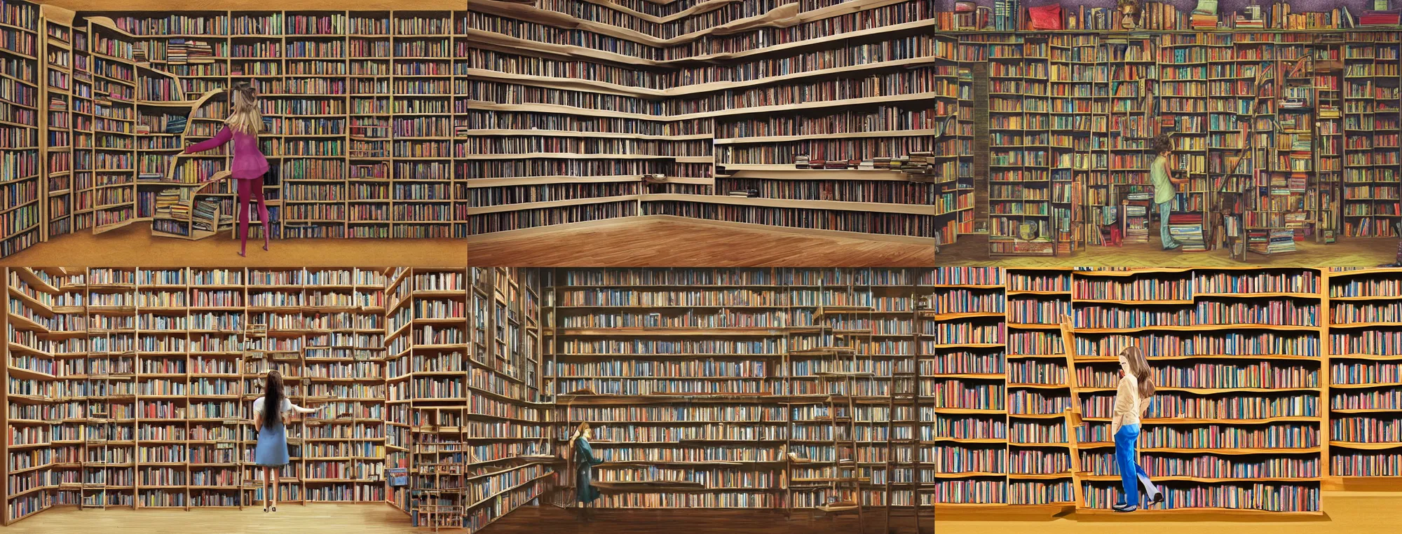 Prompt: she stepped in and counted bookshelves until she found the book she wanted , a collection of tales , 8k, ultra-hd, full page scan, hyperrealism
