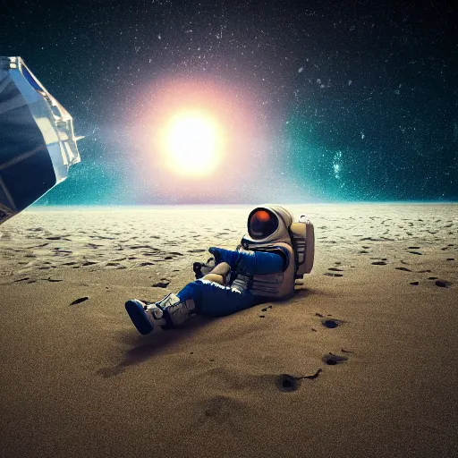 Image similar to an astronaut lounging in the beach, dramatic lighting, cinematic, extremly high detail, photorealistic, cinematic lighting,