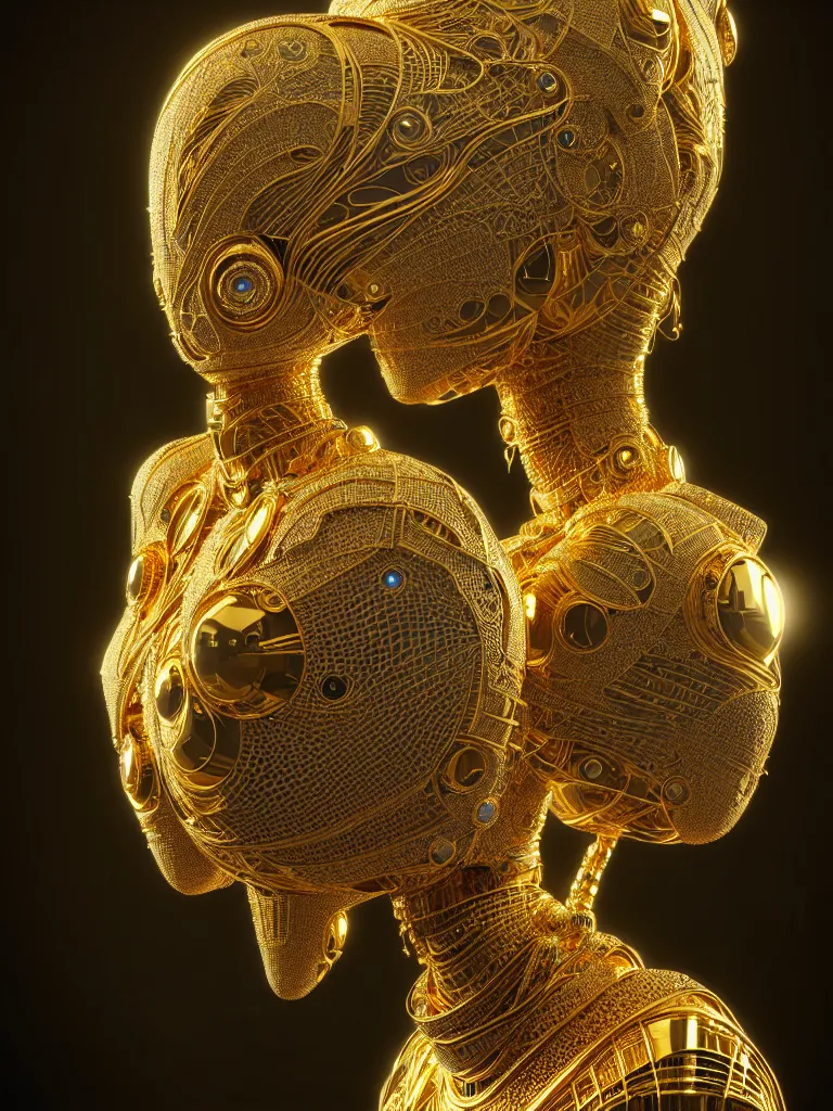 Prompt: three dimensional blueprints for an absurdly beautiful, graceful, sophisticated, fashionable futuristic female golden robot, hyperdetailed illustration by irakli nadar and alexandre ferra, intricate linework, faberge, intricate gold headdress, dark atmosphere, unreal engine 5 highly rendered, global illumination, radiant light, detailed and intricate environment