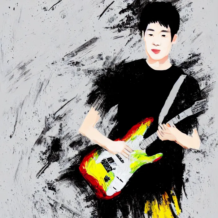 Image similar to abstract swirly brush strokes painting of a young korean man wearing black t shirt holding a telecaster!!! electric guitar!!, dark swirly background, huge dramatic brush strokes, matte colors, abstract, masterpiece, impressionist, trending on artstation