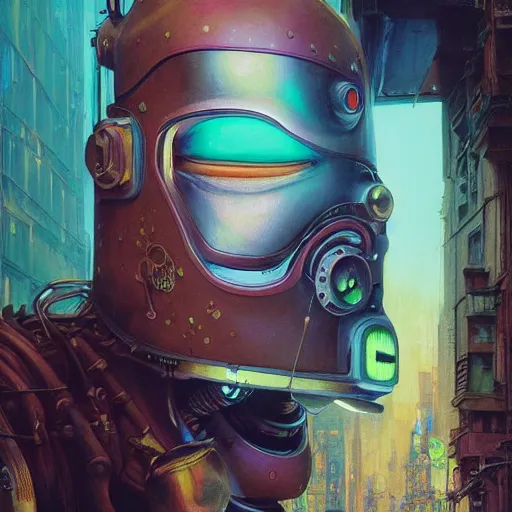 Prompt: vibrant portrait of masked diesel punk robot on the art deco streets of the big city, artstation, award - winning realistic sci - fi concept art by jim burns and greg rutkowski, beksinski, a realism masterpiece, muted colors, james gilleard, bruegel, alphonse mucha, and yoshitaka amano