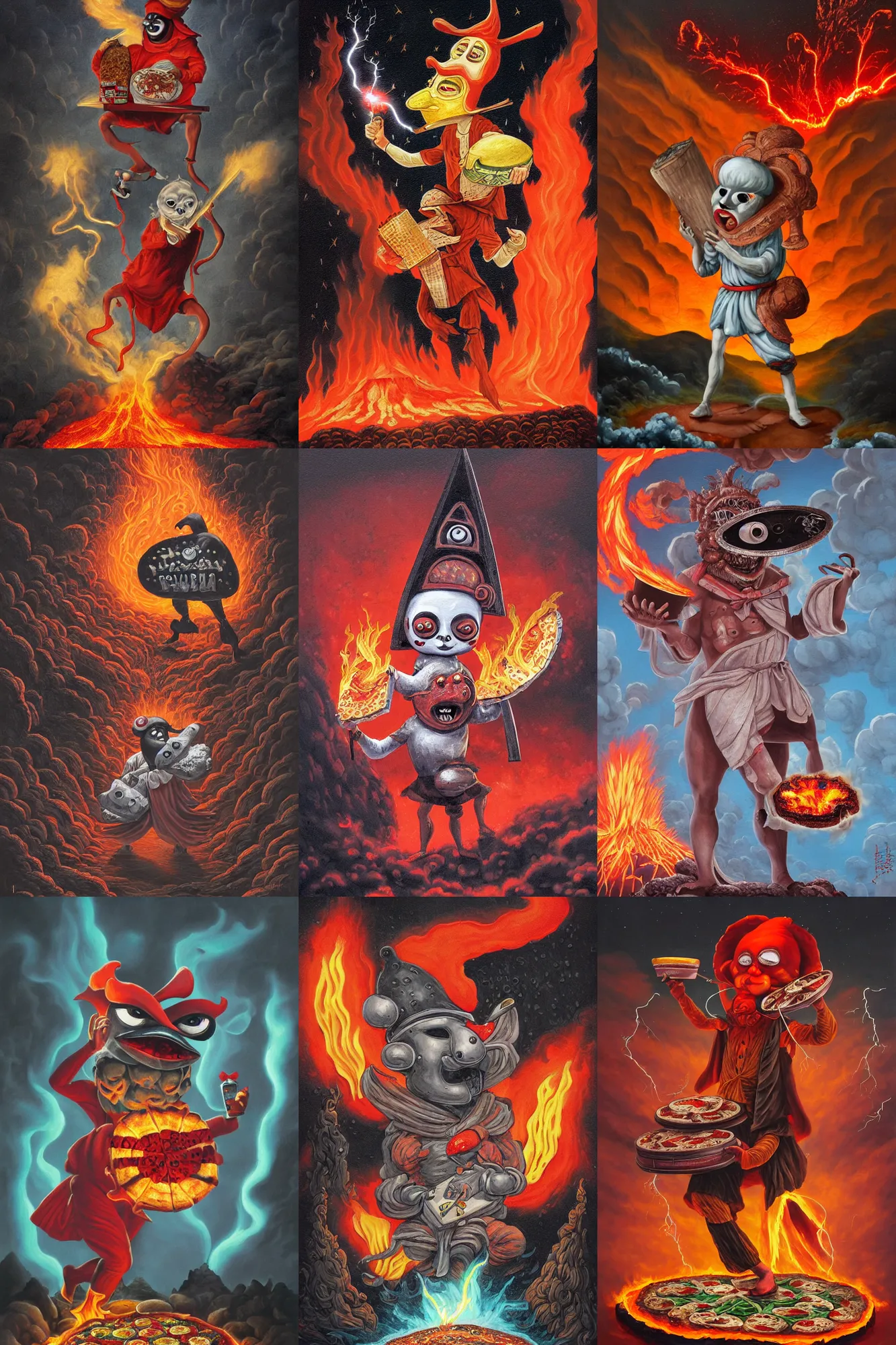 Image similar to an extremely detailed pulcinella like character wearing a mask holding a large pizza in front of a volcano spewing lava and black smoke, from below, streams of glowing hot lava, flashes of lightning in the distance, wide shot, long shot, an ultrafine detailed painting by joe fenton, deviantart, pop surrealism, whimsical