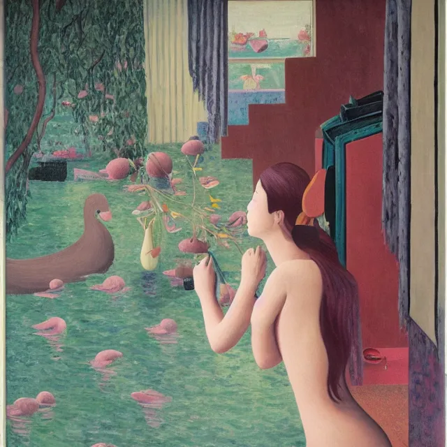 Image similar to female emo art student in her apartment, painting of flood waters inside an artist's feminine bedroom, a river flooding indoors, pomegranates, pigs, ikebana, water, octopus, river, rapids, waterfall, black swans, canoe, berries, acrylic on canvas, surrealist, by magritte and monet