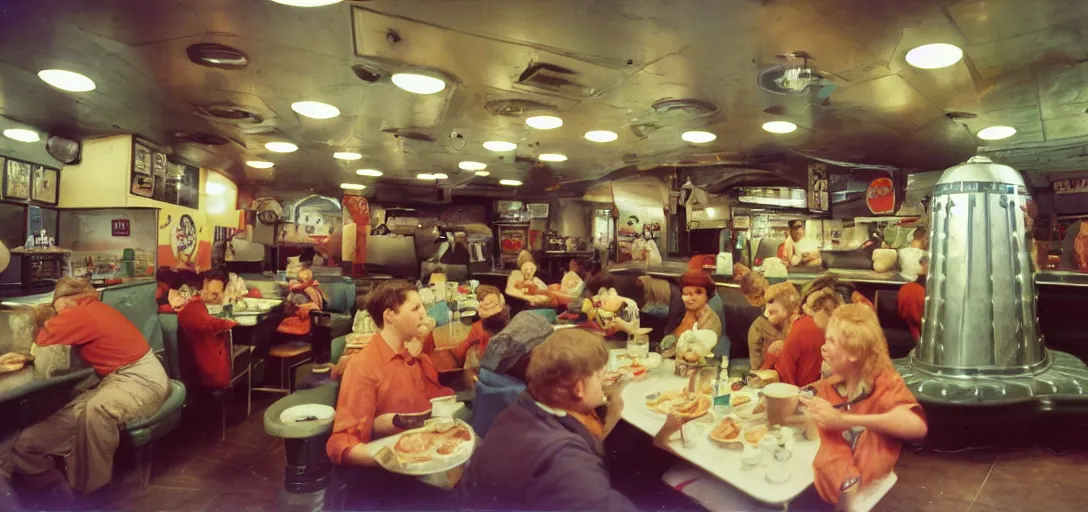 Prompt: daleks serving food, inside a vintage fast food restaurant, hamburgers and soda, happy family, kodak Ektachrome 10, 15mm wide angle close up