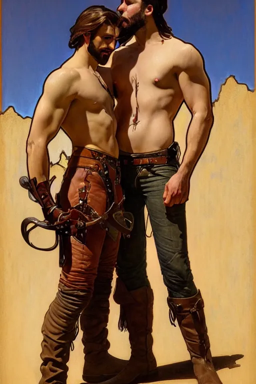 Prompt: a homoerotic painting, greg rutkowski, alphonse mucha j. c. leyendecker of two attractive hairy cowboy gunslingers in love standing back to back | bandoliers, shirtless, leather clothing | red desert background | natural lighting, path traced, highly detailed, high quality, digital painting | by tom of finland | trending on artstation