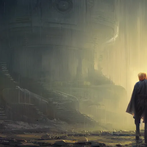 Image similar to Donald Trump as a jedi hero, capitol hill, post-apocalyptic, cinematic, atmospheric, highly detailed, artstation, wlop, stålenhag, Emanuel Leutze