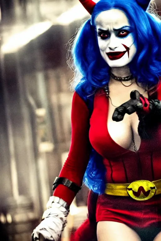Image similar to film still of Salma Hayek as Harley Quinn in Joker, 4k