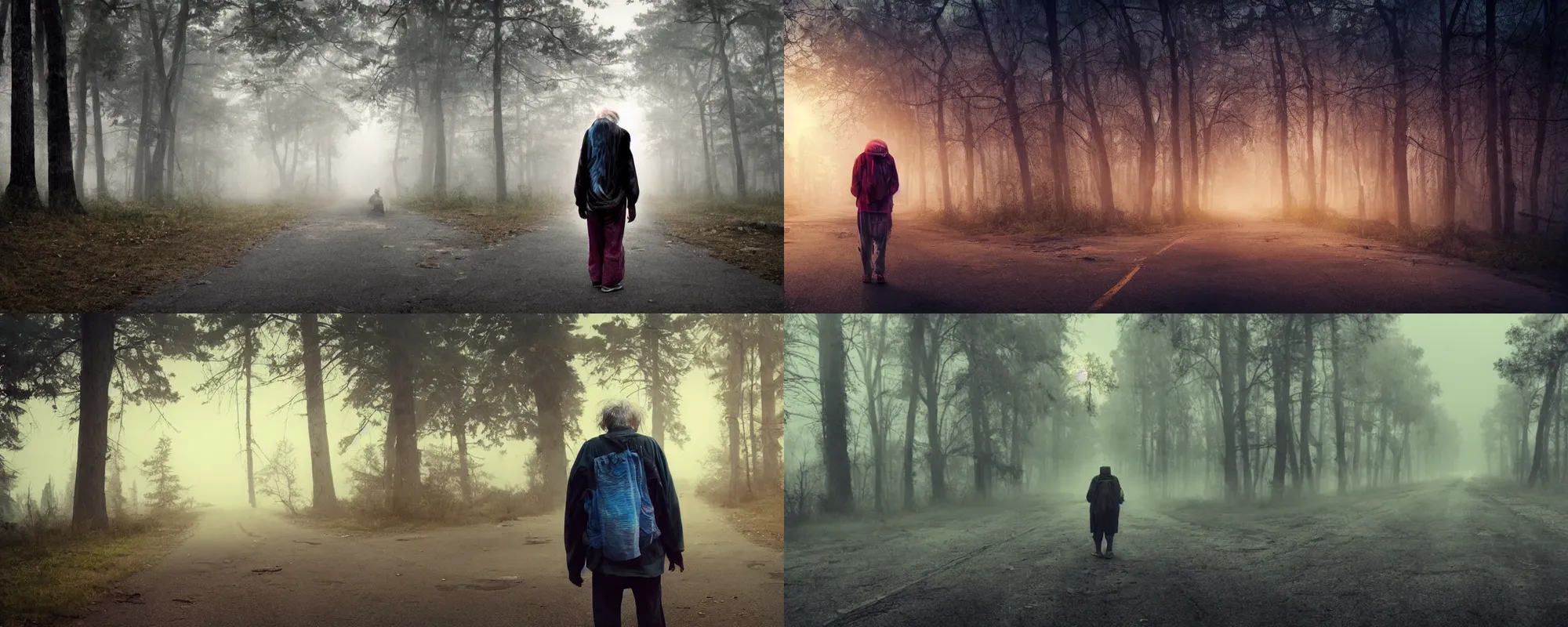 Prompt: a sad rumpled old homeless with torn clothes goes into the distance with his torn old backpack, neon road, magical sunset, gloomy forest, magical fog, depression, post-apocalypse