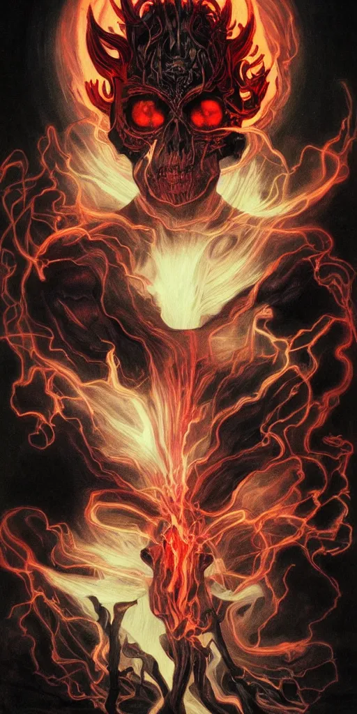 Image similar to intense glowing black metal pagan god with horn and intense black eyes with a skull on fire in very dark nebula by artgerm and alphonse mucha and beksinski, portrait, fantasy, clear, fire, light beams, lens flare, soft, uhd, amazing depth, cinematic lighting, black and red and white and yellow