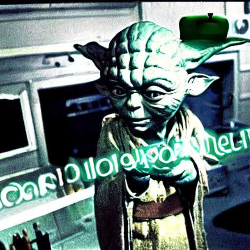 Image similar to 3 5 mm film slide of steven spielberg directed scene of a yoda smoking a bong inside a yoda themed bong and weed shop.