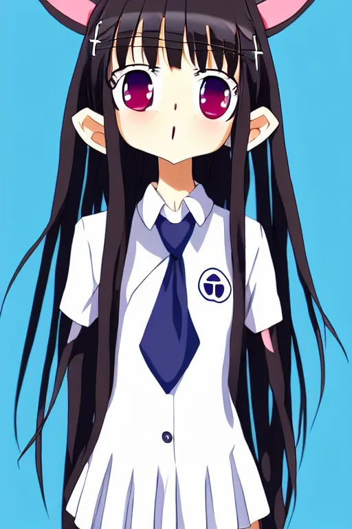 Prompt: full body anime portrait of a cute girl round eyes long hair dressed in a school uniform inside the school horns protruding on her head, peace sign, stunning, highly detailed, anatomically correct