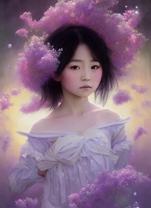 Prompt: portrait of magical japanese child, dreamy and ethereal, lavender and pink eyes, peaceful expression, ornate frilly dress, fantasy, intricate, elegant, rainbow bubbles, highly detailed, digital painting, artstation, concept art, smooth, sharp focus, illustration, art by artgerm and greg rutkowski and alphonse mucha