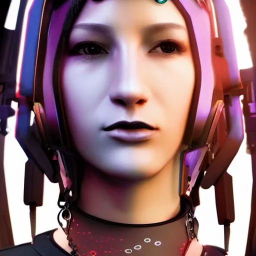 Image similar to realistic female character cyberpunk wearing technological collar around neck, realistic, art, beautiful, 4K, collar, choker, collar around neck, punk, artstation, detailed, female, woman, choker, cyberpunk, punk, collar, choker, collar around neck,