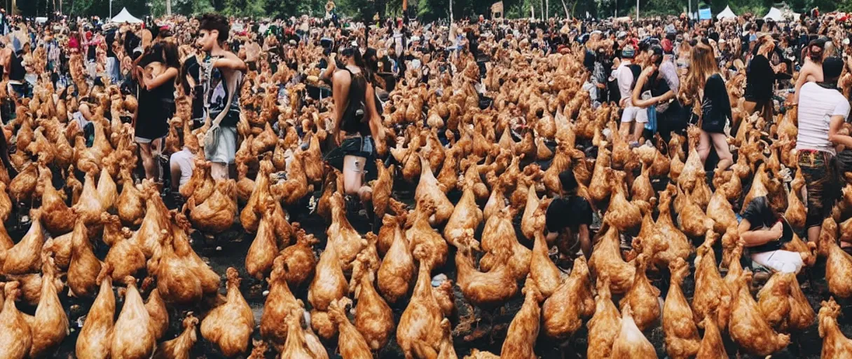 Image similar to music festival full of chicken with trendy clothes. no humans, no people, no men.