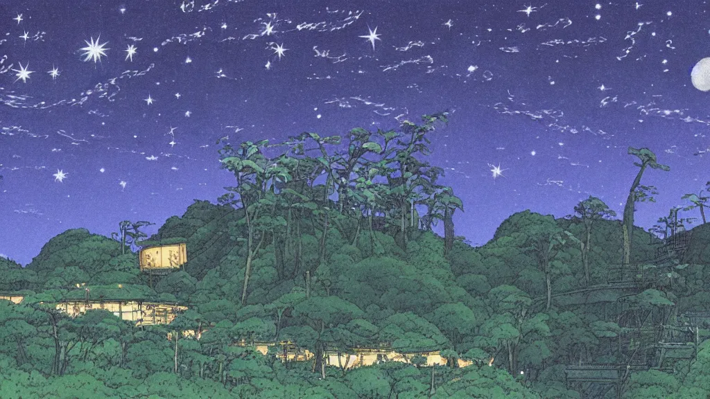 Image similar to a movie still from a studio ghibli film showing s a mine runoff storage facility in the rainforest on a misty and starry night. by studio ghibli