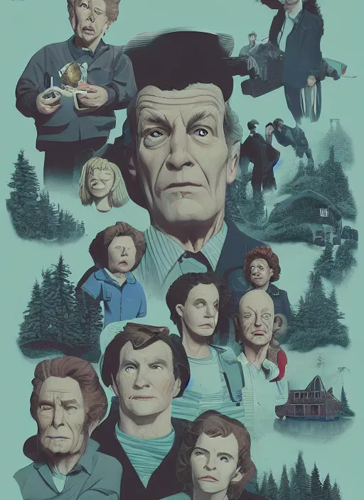 Prompt: Twin Peaks movie poster artwork by Michael Whelan and Tomer Hanuka, Rendering of the Goonies, from a scene from Twin Peaks, clean, full of detail, Matte painting, trending on artstation and unreal engine