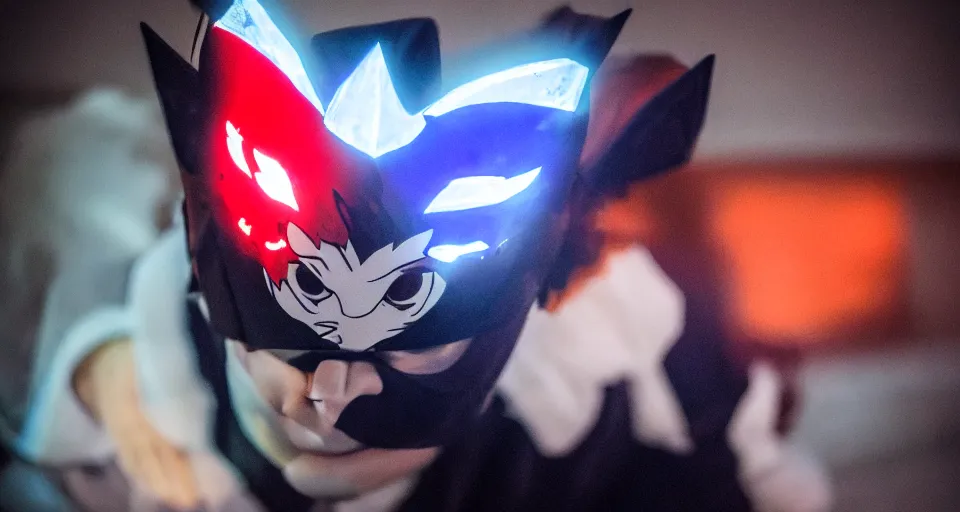 Image similar to Haikyuu Tendou Satori wearing mirrors-edge style clothes and a blue kitsune mask. DSLR Camera with a large sensor. Soft lighting and shadows. F/2.8 or f/4. ISO 1600. Shutter speed 1/60 sec. Lightroom.