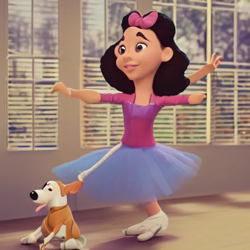 Image similar to still of woman working on her dog's clothing line, in the style of disney, comic book style, the dog is doing a ballet dance, highly detailed, 8k resolution, octane renderer