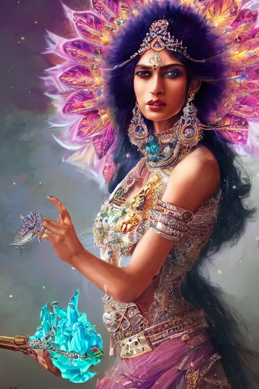 Prompt: beautiful indian model wearing crystal crown full of jewels and feathers, warhammer, cyberpunk, 3 d render, hyper realistic detailed portrait, holding magic flowers, scifi, fantasy, hyper detailed, octane render, concept art, peter mohrbacher, artgerm, ruan jia, wlop