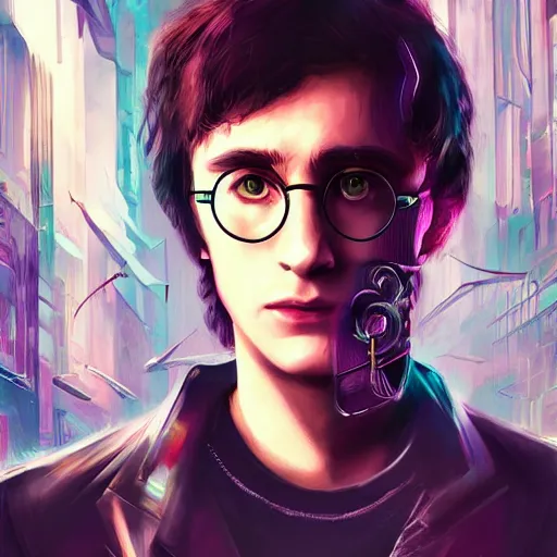 Image similar to cyberpunk harry potter as the leader of a futuristic communist society, cybernetics, sharp lines, digital, artstation, colored in