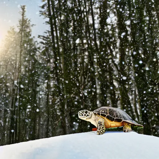Image similar to a turtle in a winter forest looking up at birds