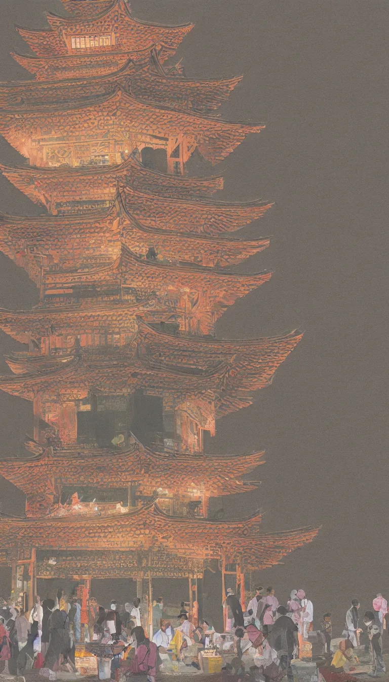 Image similar to digital painting of a pagoda, people drinking tea and paper lanterns, very detailed