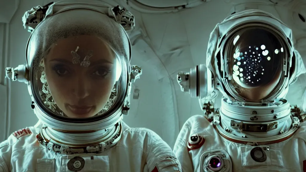 Image similar to a cybernetic symbiosis of a single astronaut eva suit with diamond 3d fractal lace iridescent bubble 3d skin covered with insectoid compound eye camera lenses floats through the living room, film still from the movie directed by Denis Villeneuve with art direction by Salvador Dalí, wide lens,