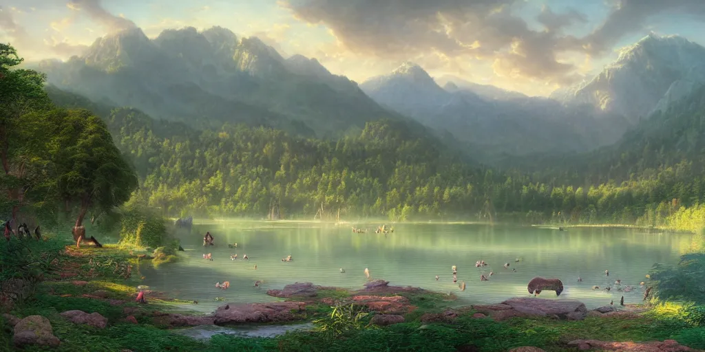 Prompt: A landscape with a lake surrounded by lush colorful vegetation, next to the lake are some mammals!!, in the background is a mountain range, in the foreground some travelling Neanderthals!, volumetric lighting, ray lighting from top of frame, crepuscular ray lighting from above, dynamic lighting, muted colors, by Greg rutkowski, thomas kinkade, Andreas rocha, john howe, pixar, f16, hd, 4k