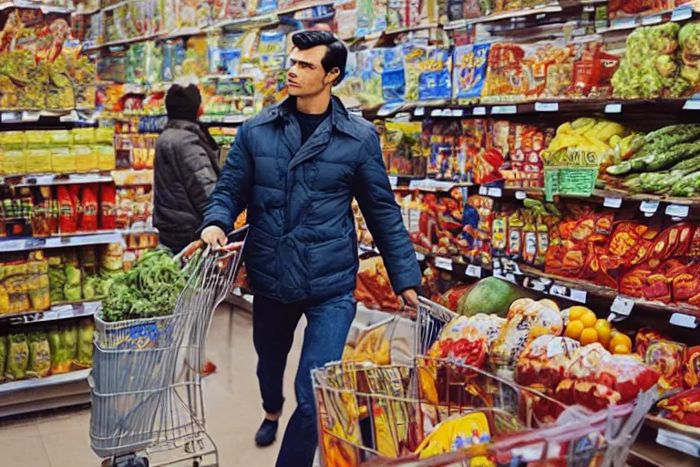 Prompt: Cinematography superman buying groceries in Moratalaz by Emmanuel Lubezky