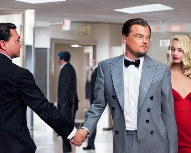 Image similar to leonardo dicaprio as the wolf of wall street holding hands with margot robbie, cinamtic, hyper detailed, 8 5 mm photograph, 8 k resolution, film still, sharp lens, wide lens