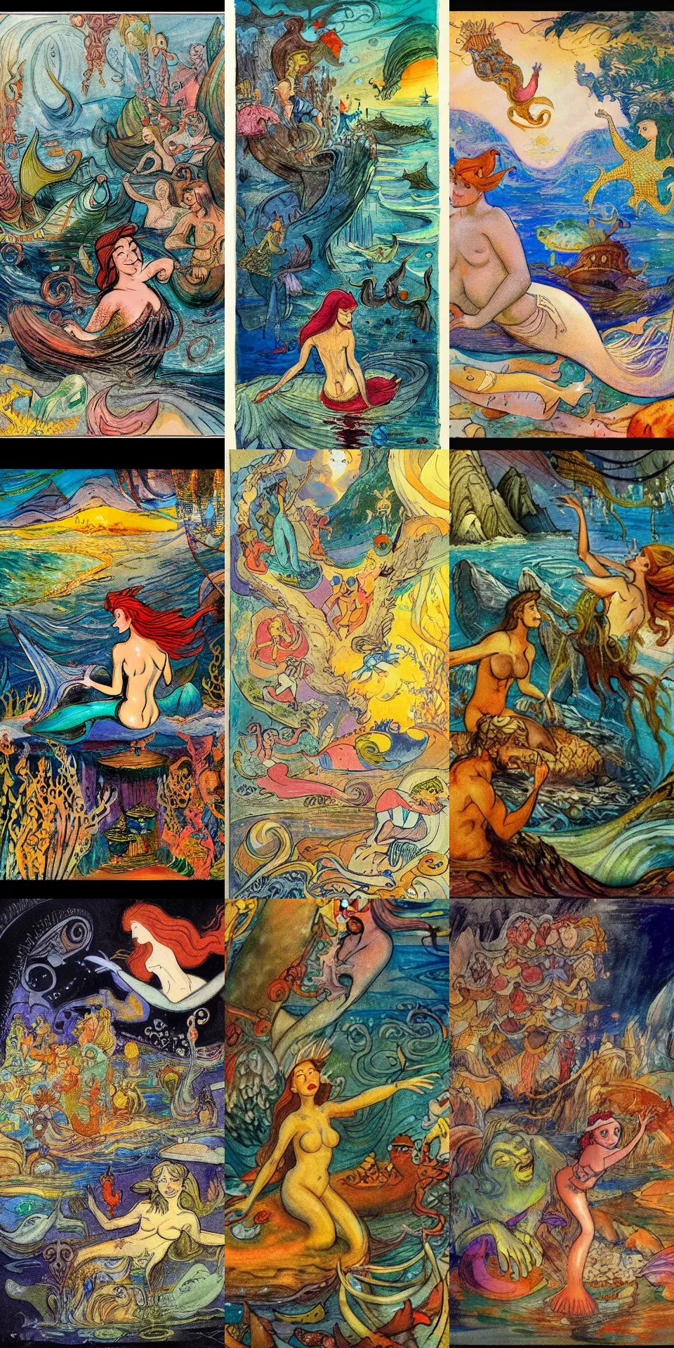 Prompt: concept art,The Little Mermaid story by Hans Christian Andersen, illustration in the style of Affandi, insanely detailed,epic,masterpiece,8k
