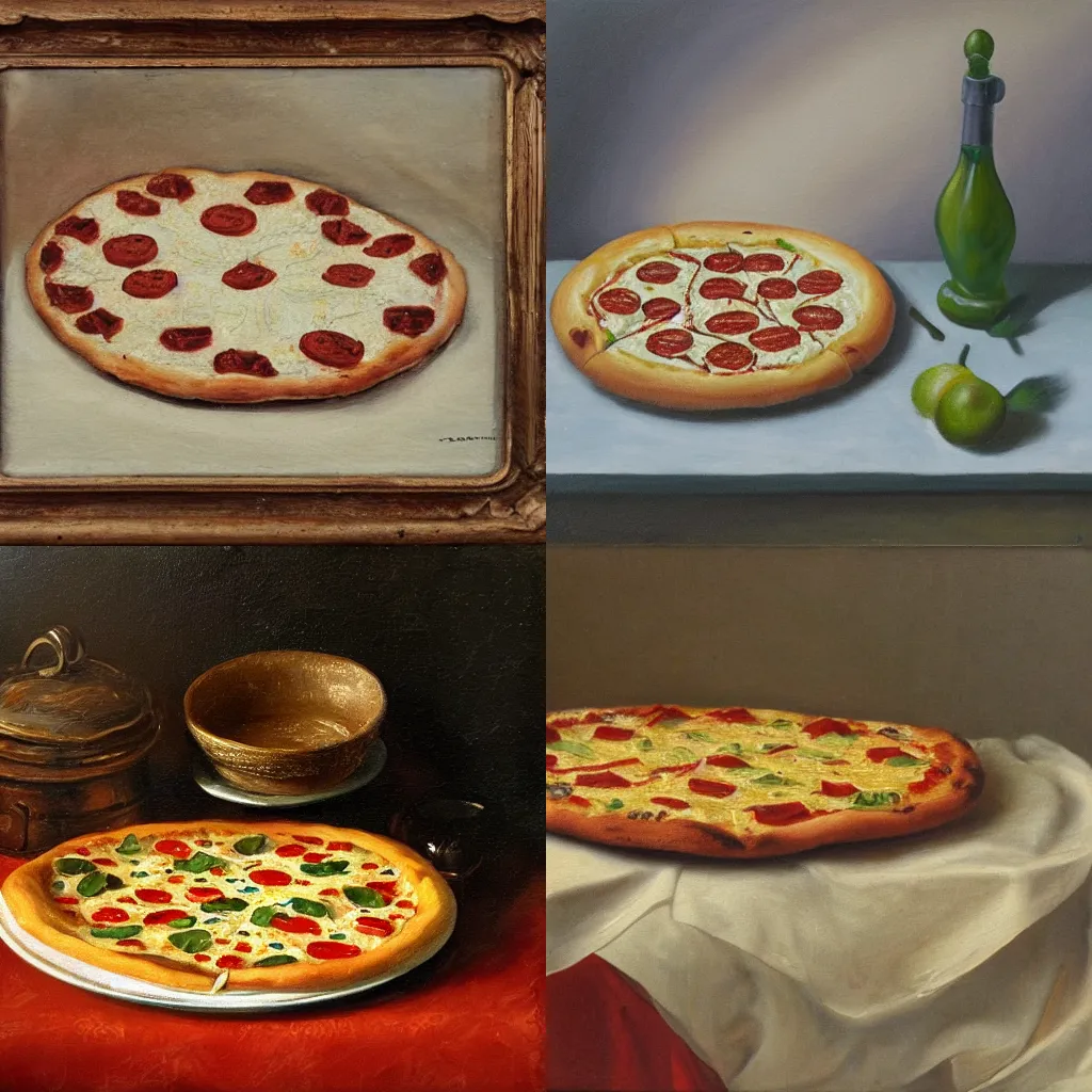 Image similar to Dutch still life of a Pizza Magaritha, oil painting