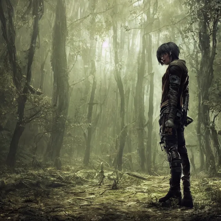 Image similar to eren yeager wearing a cyberpunk suit in a cyberpunk forest, beautiful face, stunning, octane render 8 k hdr, redshift render, rule of thirds, cinematic lighting, rainy weather, melancholy atmosphere, sharp focus, backlit, smooth, hard focus, full body shot, instagram photo, shot on sony a 7 iii, hyper realistic, cinematic